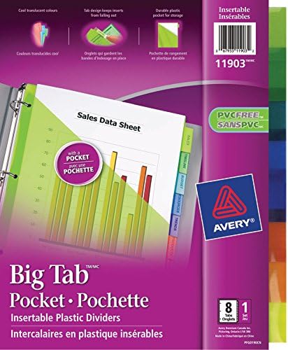 Avery 11903 inserível Big Tab Pocket Pplock Plastic Divishers, Letter, 8-Tabs/ST