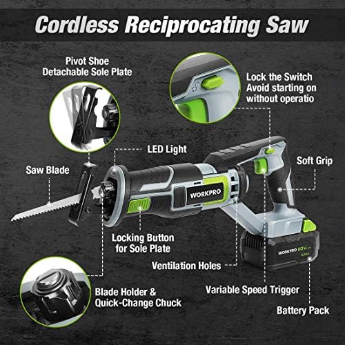 SAW RECILIFICAÇÃO DE WORKPRO MECLE, BATERAGEM DE 20V 4.0AH, comprimento de 1 polegada, 4 lâminas de serra incluíram+ WorkPro 32 peças SERW SAW LADE Set-Metal/Wood-Cutting Saw Blades, Pruner Saw Blades