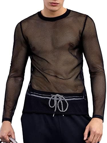 A fishnet masculina de Verdusa veja através da camisa de manga comprida músculos de camiseta superior
