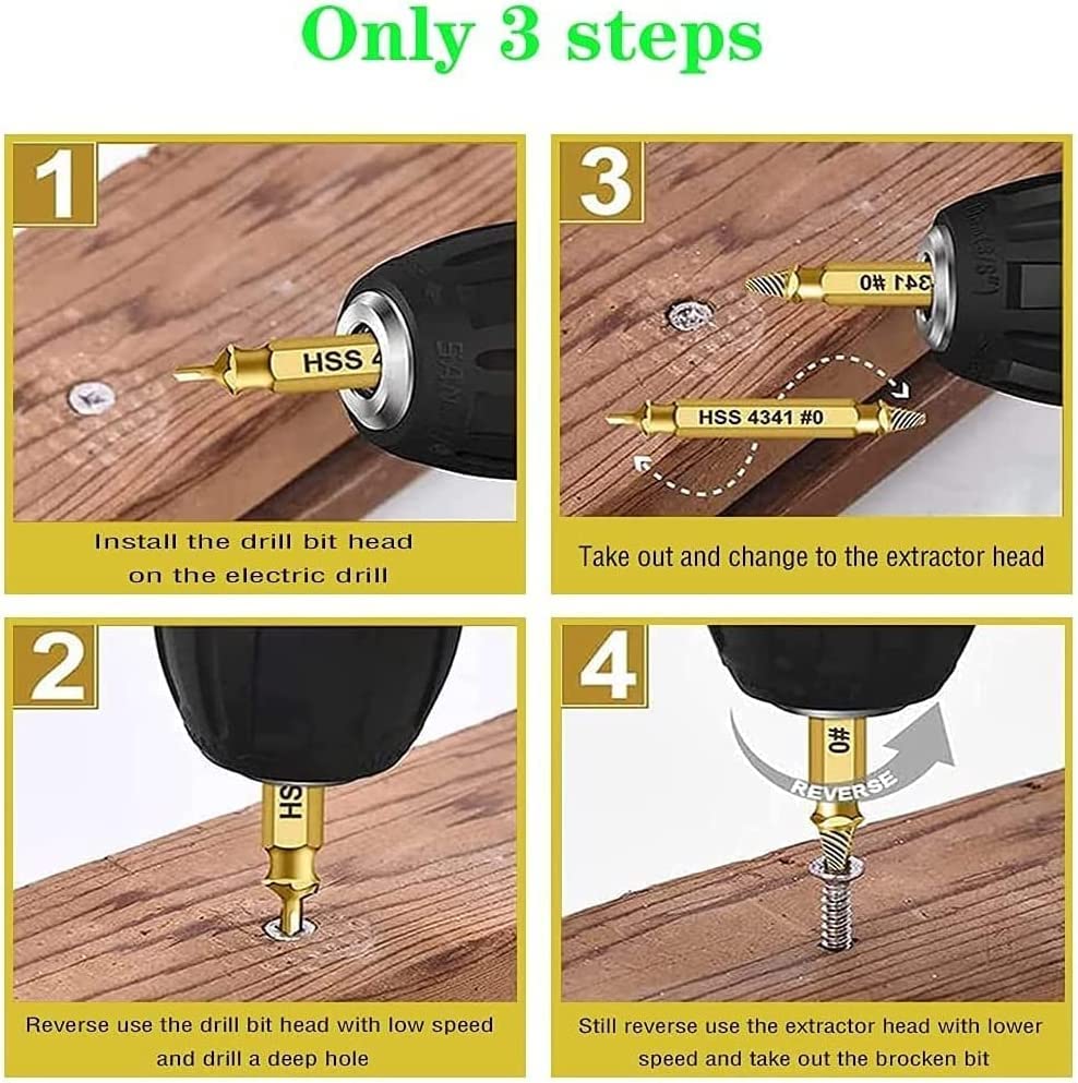 Kit de extrator de parafuso de ouro de 5 peças, kit de extrator de parafuso danificado HSS 4341 Aço de alta velocidade danificado e removedor de parafuso removido e conjunto de bits de perfuração, parafusos quebrados ou despojados