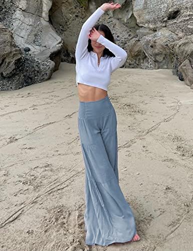 Xiaoxuemeng feminino Palazzo calça elástica esvoaçante de cintura larga de largura calças de praia