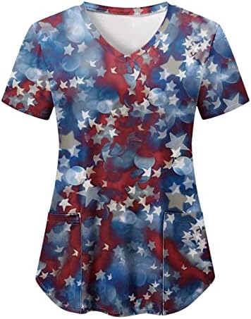 Camisas de bandeira americana para mulheres 4 de julho de verão de manga curta V camiseta com 2 bolsos Bloups Holiday Casual Workwear