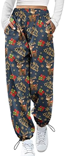 Calça de moletom de Natal para mulheres jogadoras de algodão largo de algodão alta calças largas de perna larga Xmas soltas de moletom