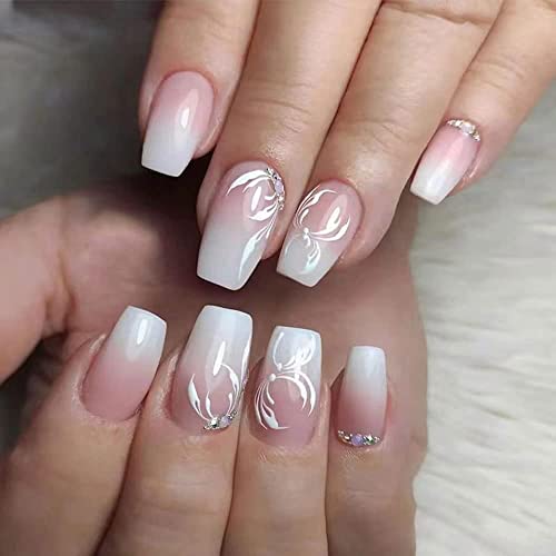 Pressione Média nas unhas White Pink French Tip Design Short Fake Nails para Women Square Acrylic Nail com guias adesivas 24 PCs