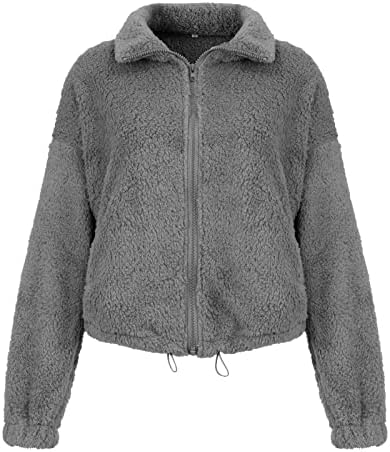 Casaco xadrez feminino, casaco de manga longa damas túnica de inverno Casual Casual macio solto com decote em V zíper confuso moletom sólido Ladie's Gray