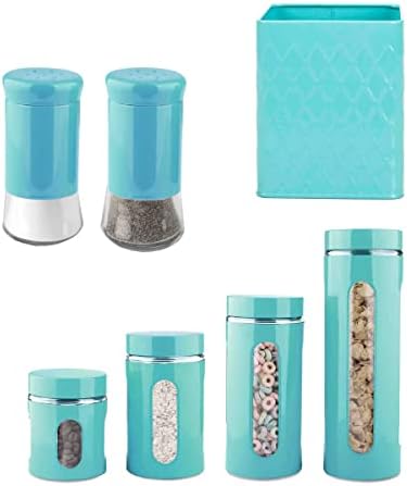 Basics domésticos Porta de utensílio de lata, cilindro de gabinetes de 4 peças com janela transparente, agitadora de sal e