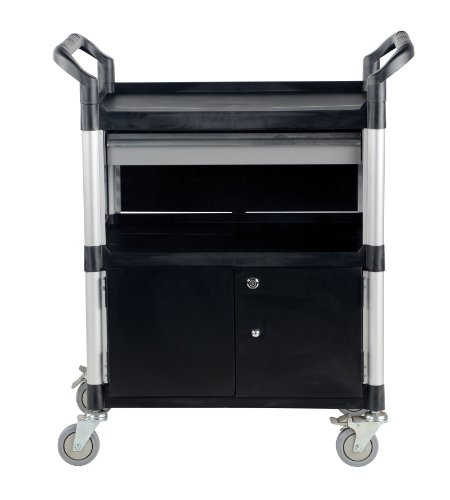 Vestil CSC-DD Cart de alimentos e serviço com uma gaveta, gabinete inferior e painéis em três lados, plástico preto,