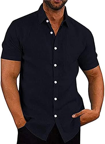 Mens botão para baixo camisas de manga curta, linho de algodão da moda listrada camisa de ioga casual de ioga com tampa