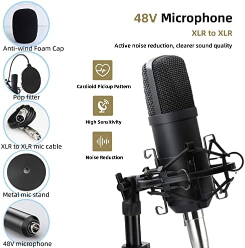 Pacote de equipamentos de podcast, pacote de microfone de podcast 48V XLR, trocador de voz com suporte de microfone ajustável, microfone