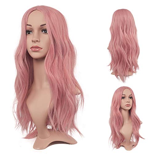 Feshfen Wigs rosa longas para mulheres 22 polegadas Curly Wavy Wig Full Wig Middle Parting Wigs Natural Looking Synthetic Extensions