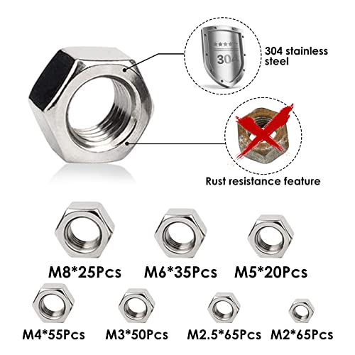 Weilianda 315pcs kit de sortimento de nozes hexáticas métricas, aço inoxidável 304 parafuso de máquina prata acabamento brilhante,