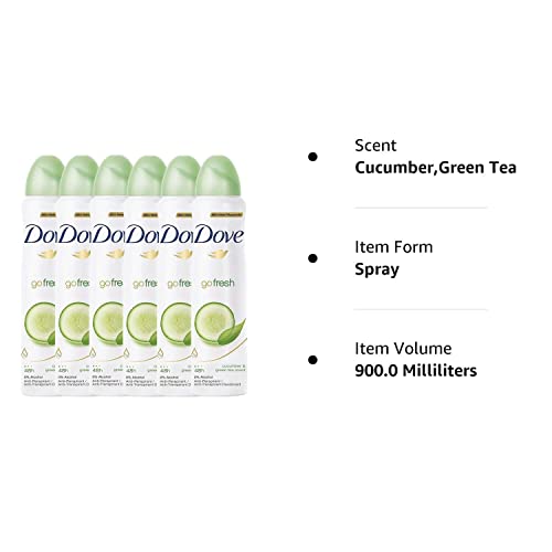 Antiperspirante Dove 48 horas spray corporal, pepino fresco e desodorante de chá verde, 6 pacotes x 150 ml / 5 fl.oz