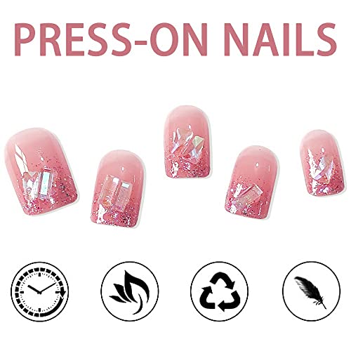 24 PCs Square Press Pressione Nails Pink Fake Nails curtos unhas falsas com desenhos de glitter de luxo colar nas unhas pregos