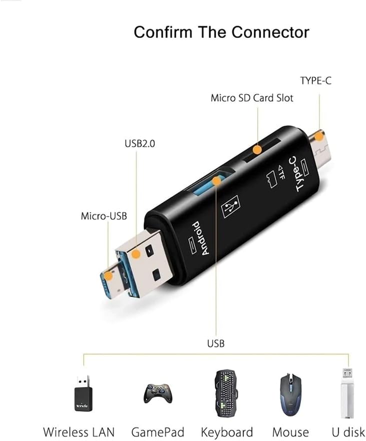 Volt+ 5 em 1 Cartão multifuncional Leitor compatível com Xiaomi Mi 5x tem USB tipo C/ microUSB/ TF/ USB 2.0/ SD Reader