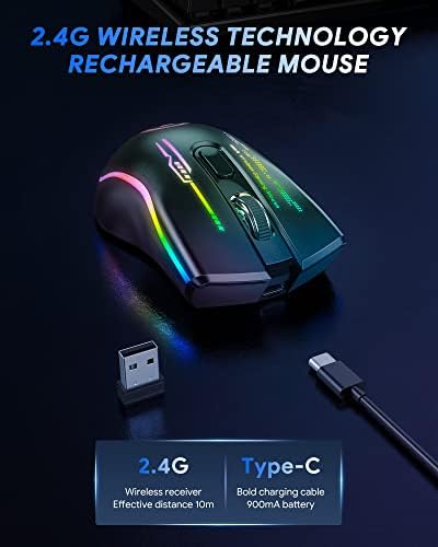 Tecurs Wireless Gaming Mouse - Gaming de mouse sem fio para PC, RGB Gaming Rys, sensor óptico de 4800 dpi, Rouse Gaming Wireless, Rouse
