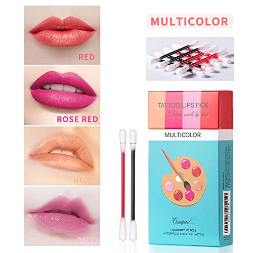 Eliversion 20pcs Tattoo Lipstick Cotton Cotton Swab, tonalidade de cotonete de batom de tatuagem à prova d'água de tatuagem, cotonete de algodão de algodão Lip Gloss de longa duração