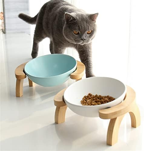 FZZDP Cerâmica Tiltada Pet elevada Pet Bowl Com Stand de madeira para gatos e cães sem derramamento de gatos alimentadores de água