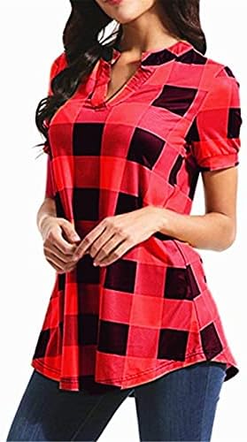 Andongnywell Women Casual Manga Casual Camista xadrez Túnica Plaid Impresso V Blusses Pullover de pescoço Tops