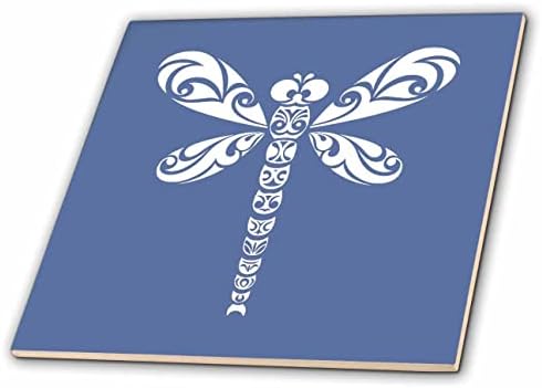 3drose Dragonfly White Tribal Tattoo Style Art on Blue - Tiles