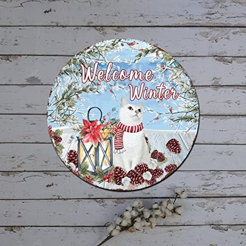 Ao ar livre Feliz Natal Welcome Weln Winter Cat Santa Hat Hat Poinsettia Round Metal Tin Selta Pendurada Decorações de Natal Rússico Metal Wreath Sign para Casa Porta de cozinha Presente de férias de parede de 9 polegadas