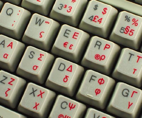 Adesivos de teclado grego com fundo transparente de letras vermelhas