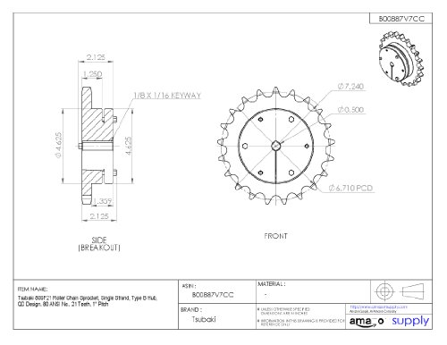 Tsubaki 80SF21 Roller Chain Sprocket, fita única, design QD, bucha SF necessária, 21 dentes, 80 ANSI No., 1 Pitch