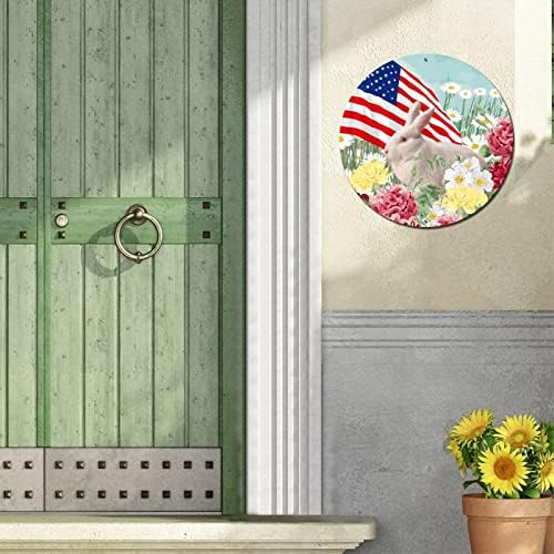 Vintage Metal Sign Patriotic American Stars and Stripes Flag Rabbit and Daisy Flowers Retro Bar Room Sign Classic Wreath