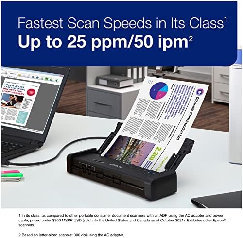 Epson Workforce es-200 color portátil scanner de documentos com ADF para PC e Mac, Sheet Fed e Duplex Scanning, Black