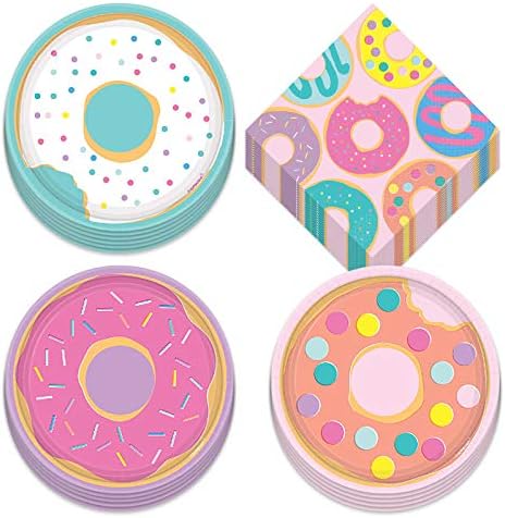 Donut Party Teal e rosa variados placas de sobremesa e guardanapos de almoço