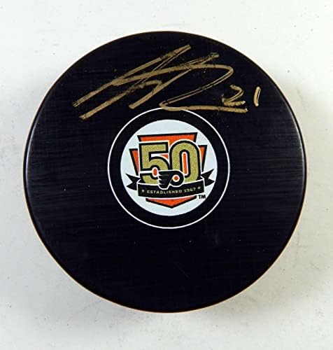 Scott Laughton 21 assinou Philadelphia Flyers 50th Anniversary Hockey Puck A 3 - Pucks de NHL autografados