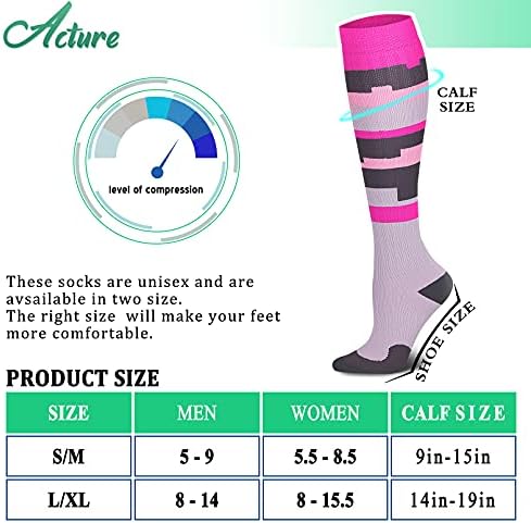 ACTURE 6 Pares de meias de compressão para homens e mulheres, 15-20mmHg é melhor para corrida, atlética, médica, gravidez,