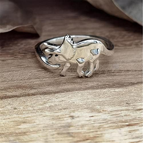 Caiyao 2-4pcs Cute Dinosaur Tyrannosaurus Triceratops Ring Set 14K Batilhado de prata Abertura ABRIA ANEXIVO ANENTE AJUSTÁVEL POLIDO