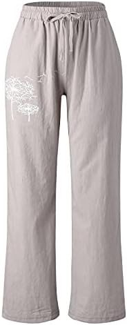 Calças de verão femininas de dsodan, cintura elástica de cordão de gado larga perna larga yoga calça de dente-de-leão-de-leão