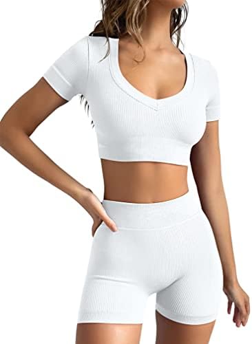 Gxin Women Workout Roupa de 2 peças Roupa sem nervuras com nervuras curtas de manga curta Tops de cintura alta.