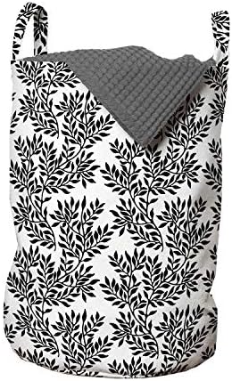 Bolsa de lavanderia em preto e branco de Ambesonne, folhagem de folhagem em estilo monocromático com raminhos cheios de folhas,