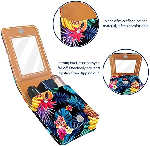 Mini Lipstick Case Jungle Summer Frutas tropicais Organizador de batom com botão espelhado Bolsa de cosméticos de couro para o suporte para mulheres para mulheres meninas