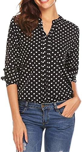 Andongnywell Women V Neck Dot Blouse impressa Camisa longa Camisa de escritório Blush Camisetas Túnicas Tops