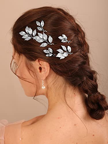 Kercisbeauty 6pcs folhas de folhas prateadas pinos de cabelo conjunto para noivas de casamento peças de cabelo de cristal de dama de honra para noivas dama de honra Bohemia