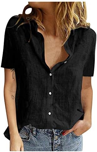 Camisas para mulheres camisetas gráficas, senhoras de linho de algodão de verão colarinho de manga curta Botão solta Blusa casual