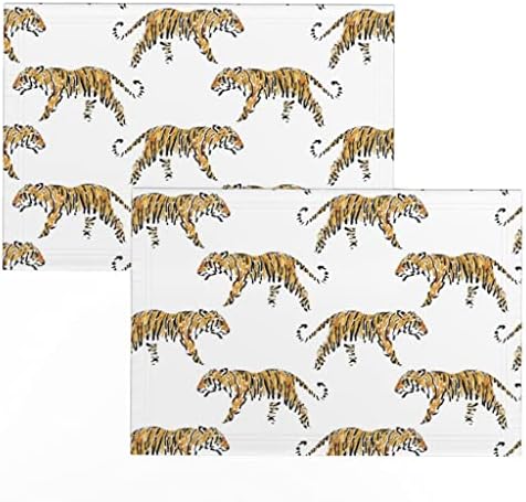 Linen Cotton Canvas Placemats - Tigre minimalista desenhado listra branca zoológico laranja animal estampes de pano
