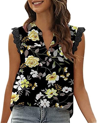 Womens Casual Summer V Blusa de pescoço Tops Floral Print Túnica Camas Camisetas Frilhas Bloups Solid Sleeveless Bloups