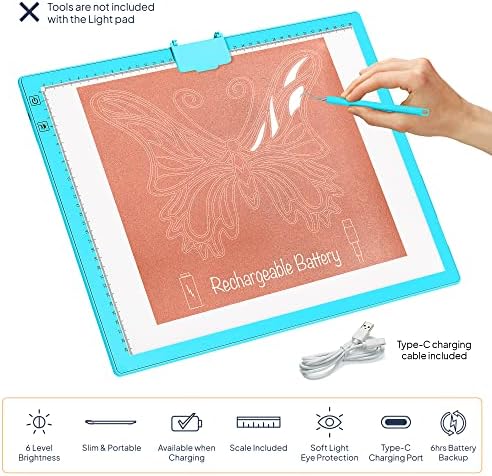 IVYNE Recarregável LED Bright Ultra -Fino Pad A3 alimentado por bateria de lítio para Cricut Vinyl, ferramenta de remoção de ervas daninhas, desenho de caixa de criação/placa para rastreamento, esboço e htv - azul