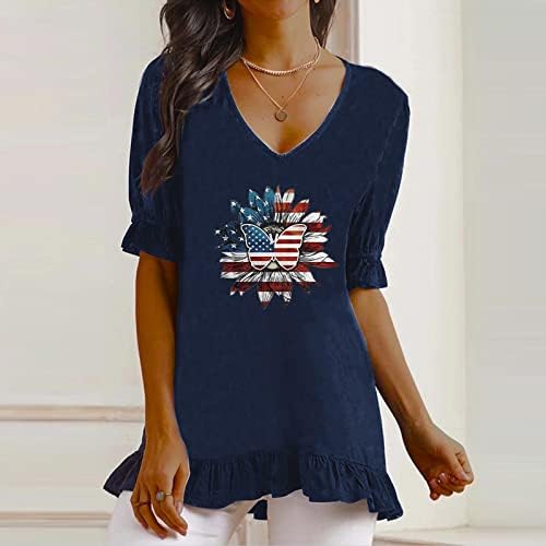 4 de julho Camisas para mulheres Manga curta V Tunics de pescoço Tops American Flag Stripes Tie-Dye Patriótico Túdos