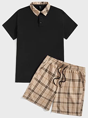 Nibhz roupas de duas peças para homens, contraste de colarinho xadrez de colarinho e shorts de cintura de cordão