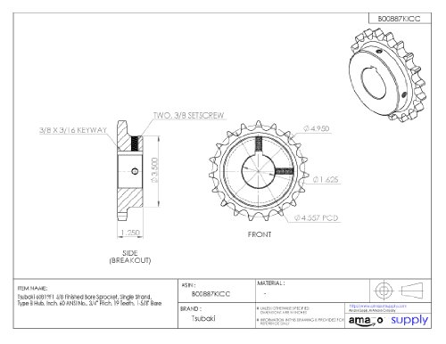 Tsubaki 60b19f-1j terminou as rodas dentadas, fita única, polegada, 60 ANSI No., pitch de 3/4 , 19 dentes, 1-5/8 furo