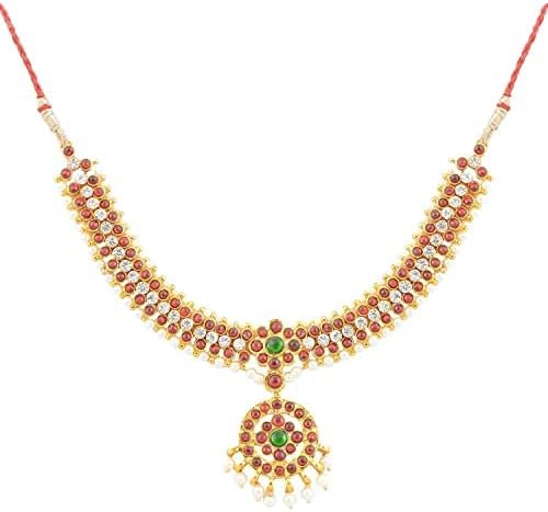 Dreams@Bharatanatyam Dance Jewellery Colar 3 Linha feita com pedra vermelha e verde Kempu para mulheres