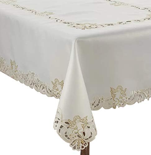 Fennco Styles Cupidon Collection Bordado Cupido Design Talha de mesa 65 x 120 polegadas - Tampa da mesa de marfim para decoração em casa, casamento, banquetes, coleta de família e ocasião especial