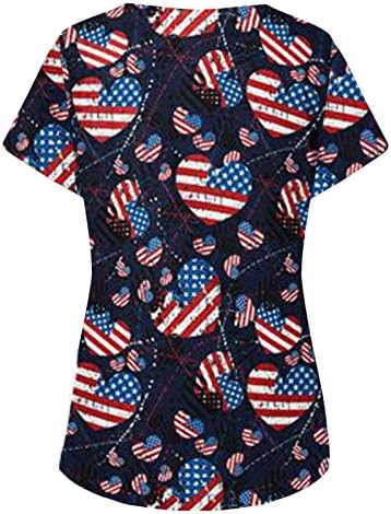 4 de julho Camisas para mulheres American Flag Summer Manga curta V-shirt pescoço com 2 bolsos Bloups Holiday Casual Workwear