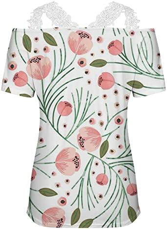 Camisa da blusa meninas de manga curta ombro floral ombro frio vneck renda algodão gráfico floral sexy tee de retalhos