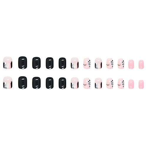24pcs preto rosa cor pura colorida Fake unhas tampa completa quadrada prenda curta em unhas com cola para mulheres e